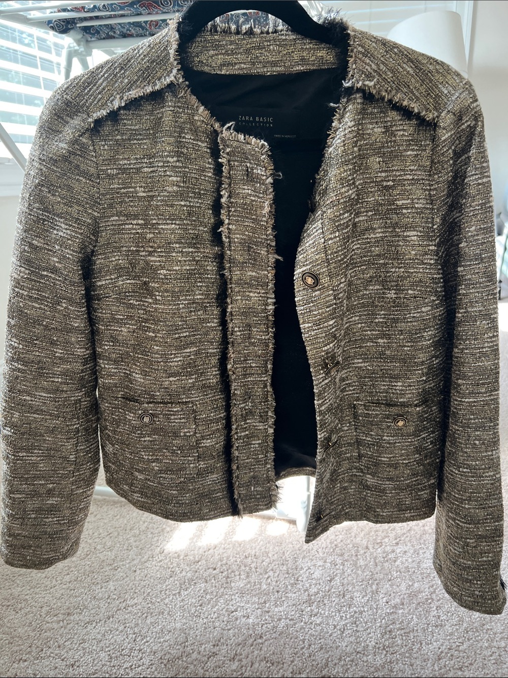 Zara Tweed Collarless Jacket in Gold and Black Tone
